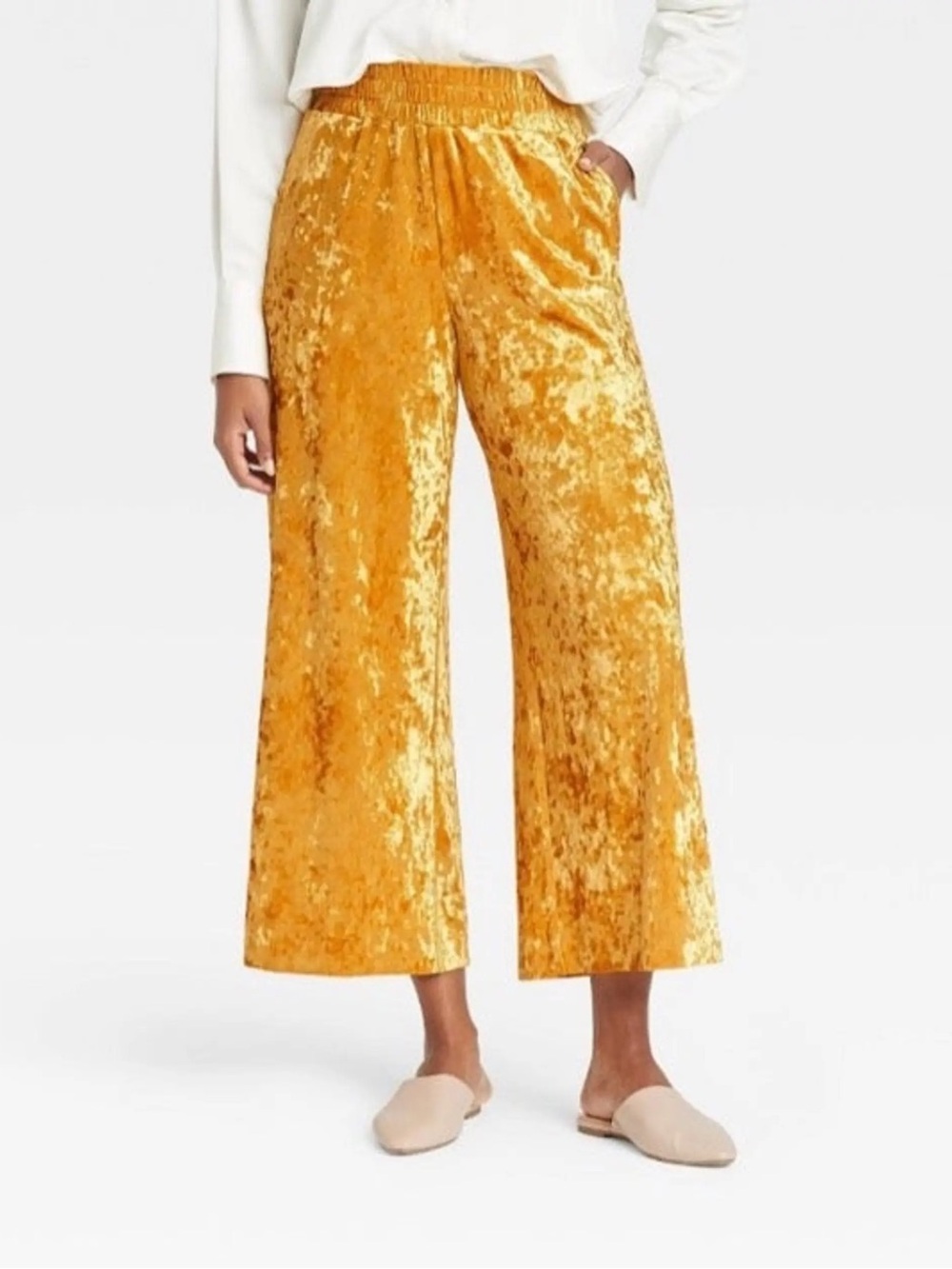A New Day Golden Yellow Crushed Velvet Wide-leg Crop Ankle Pull-On Pants Size M